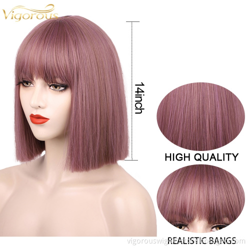 Vigorous Short Straight Bob Bang Wigs for Women Synthetic Pink/Black 12 Inch Cosplay Middle Division Hair Natural Looking